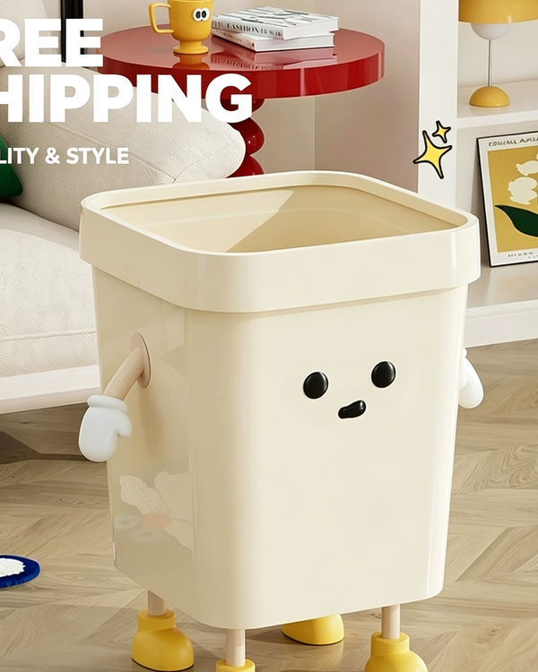 Cream Square Trash Can with Cute Face & Limbs | Yellow Feet