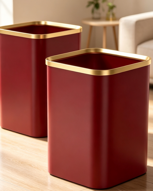Deep Red Open-Top Trash Can with Gold Rim | Matte Finish