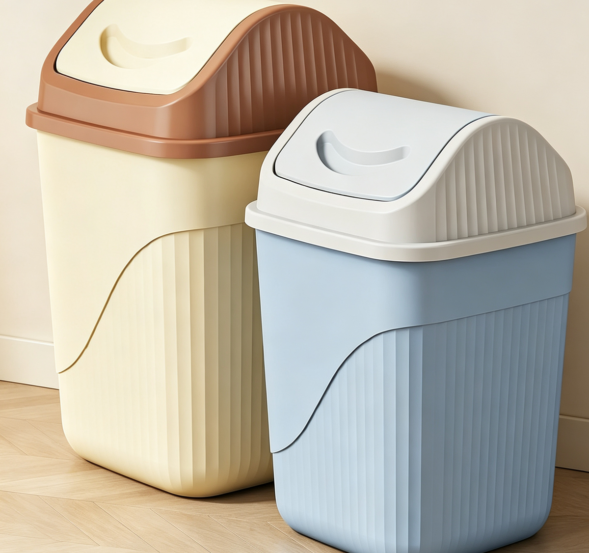 Pastel Ribbed Swing-Top Trash Can with Wavy Pattern | Yellow & Blue