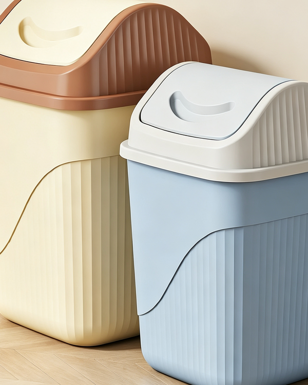 Pastel Ribbed Swing-Top Trash Can with Wavy Pattern | Yellow & Blue