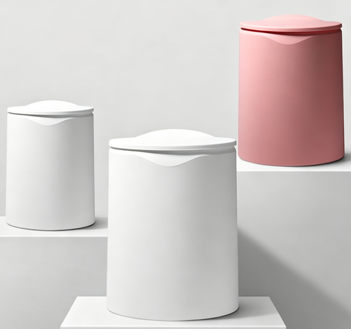 Minimalist Press-Top Round Trash Can with Flat Lid | White & Pink