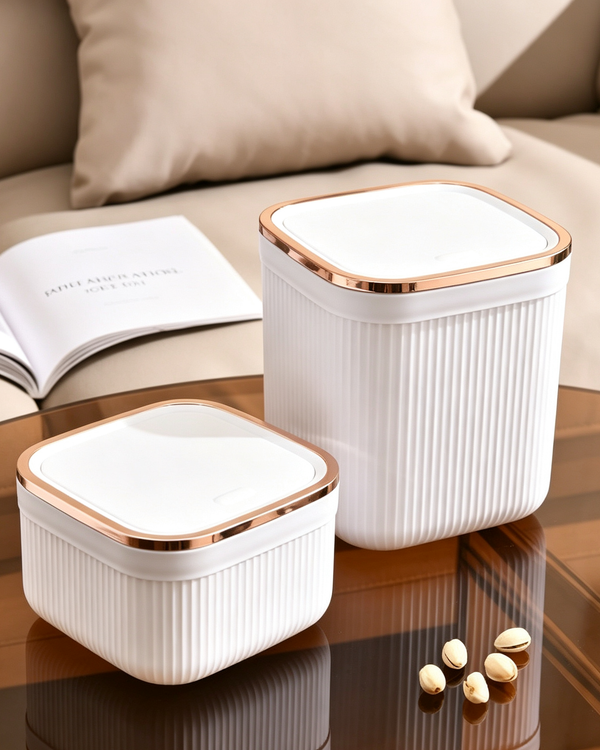 Rose Gold Rim Ribbed Trash Can with Press Lid | White
