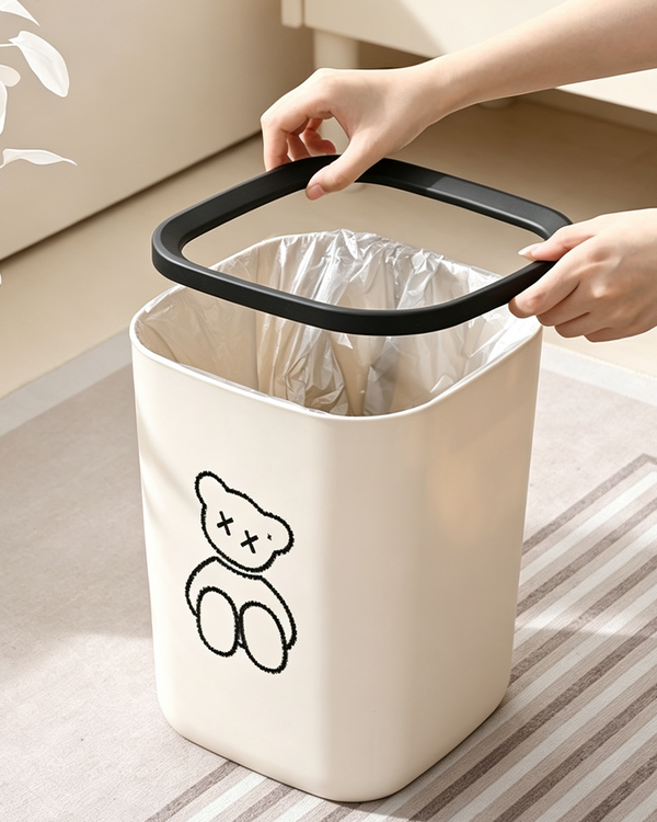 Square Trash Can with Bear Sketch Print & Black Rim | Cream