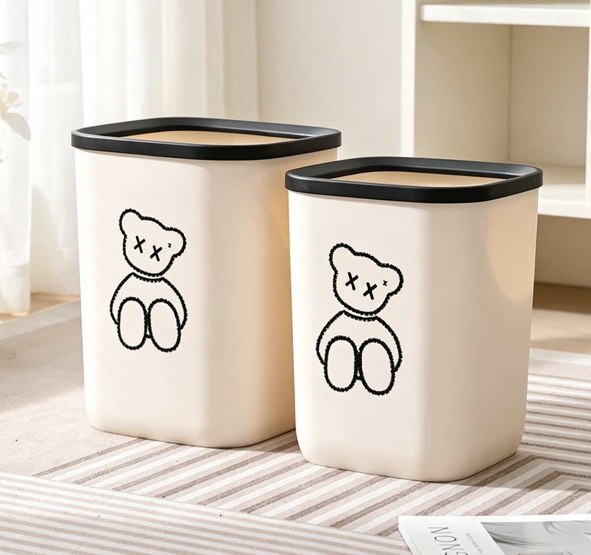 Square Trash Can with Bear Sketch Print & Black Rim | Cream