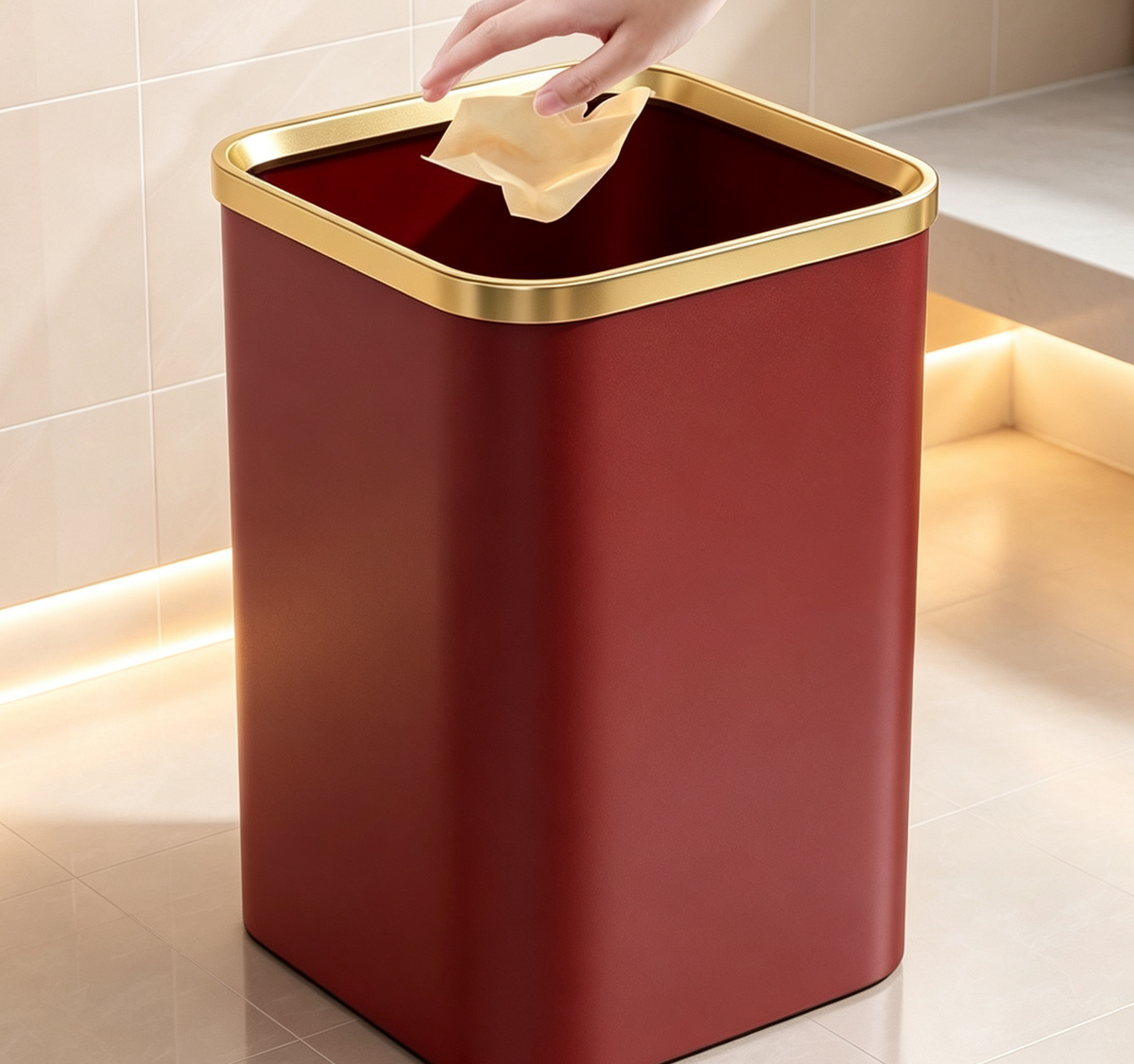 Deep Red Open-Top Trash Can with Gold Rim | Matte Finish