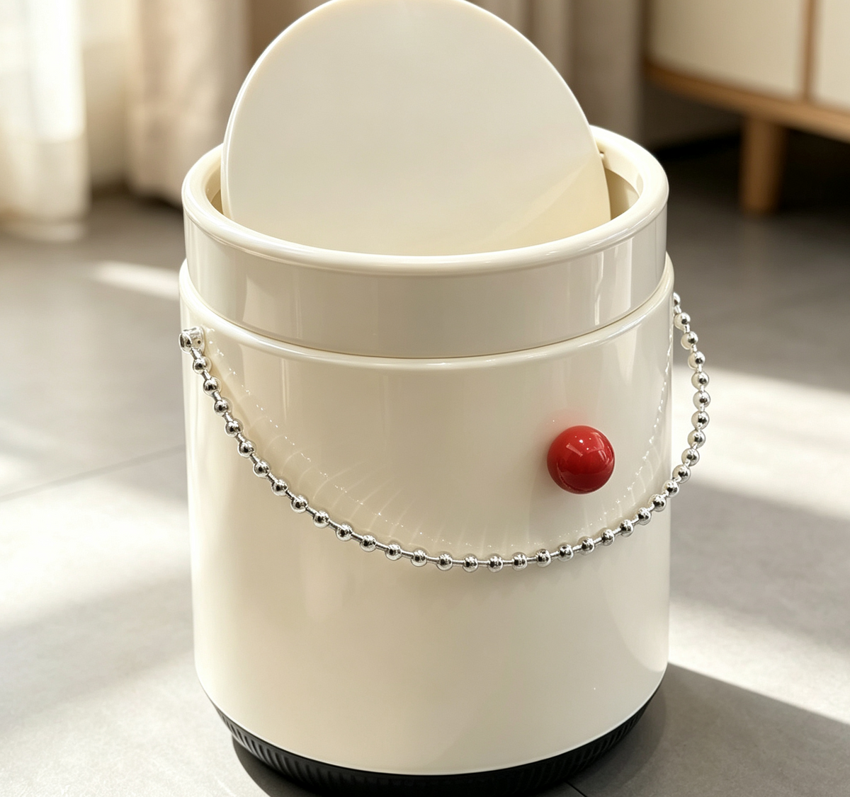 Glossy Trash Can with Beaded Chain Handle & Press Lid | White