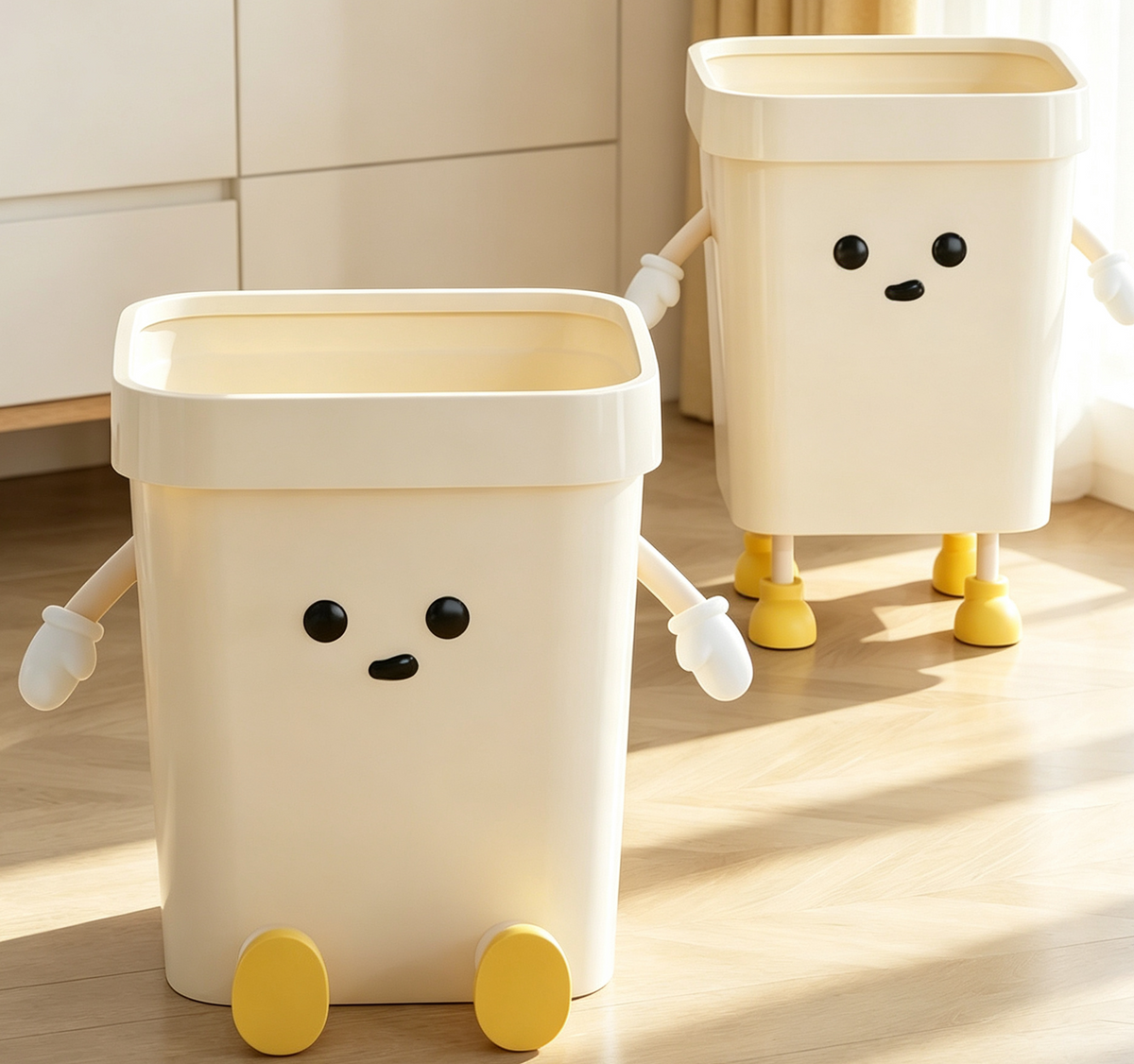 Cream Square Trash Can with Cute Face & Limbs | Yellow Feet