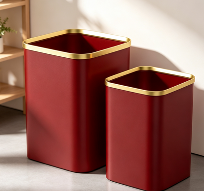 Deep Red Open-Top Trash Can with Gold Rim | Matte Finish