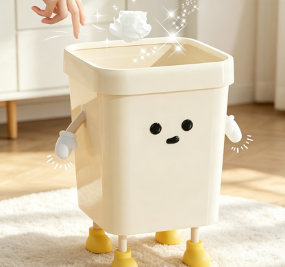 Cream Square Trash Can with Cute Face & Limbs | Yellow Feet