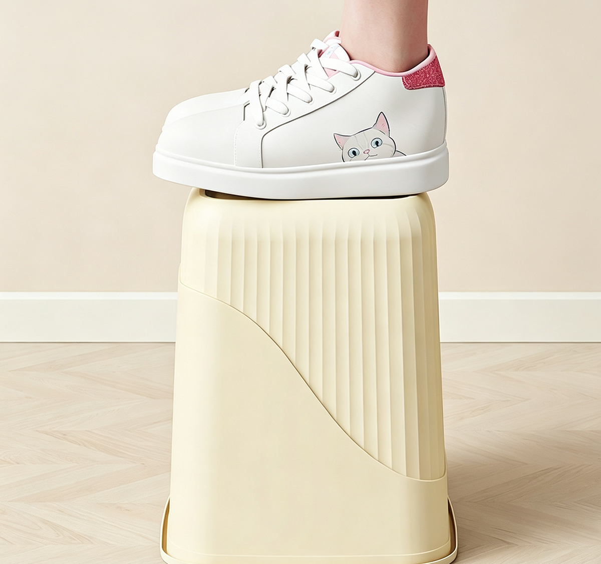Pastel Ribbed Swing-Top Trash Can with Wavy Pattern | Yellow & Blue