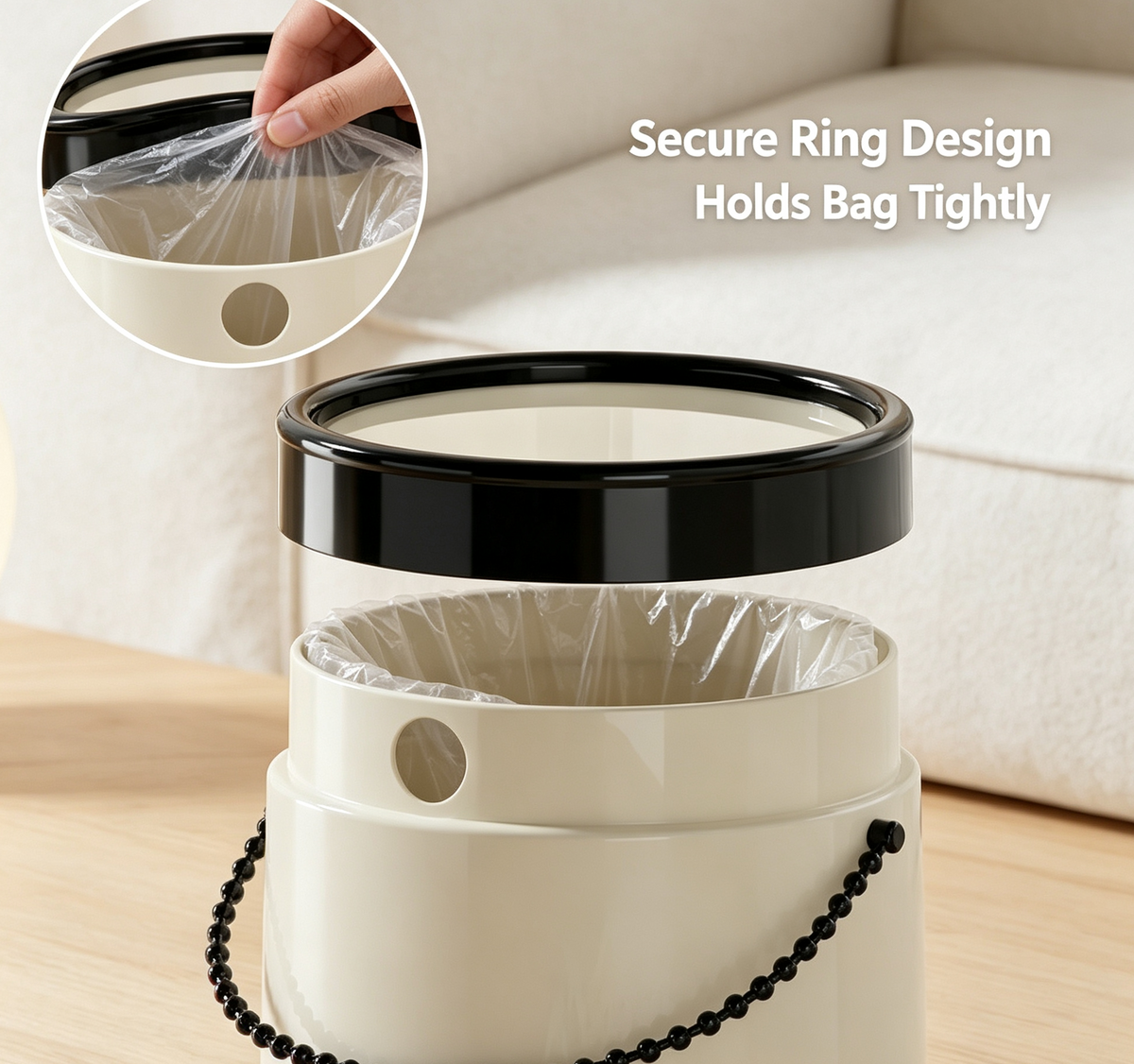 Glossy Trash Can with Beaded Chain Handle & Press Lid | White
