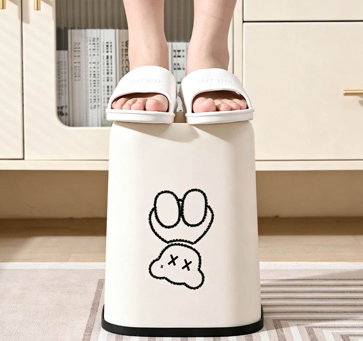 Square Trash Can with Bear Sketch Print & Black Rim | Cream